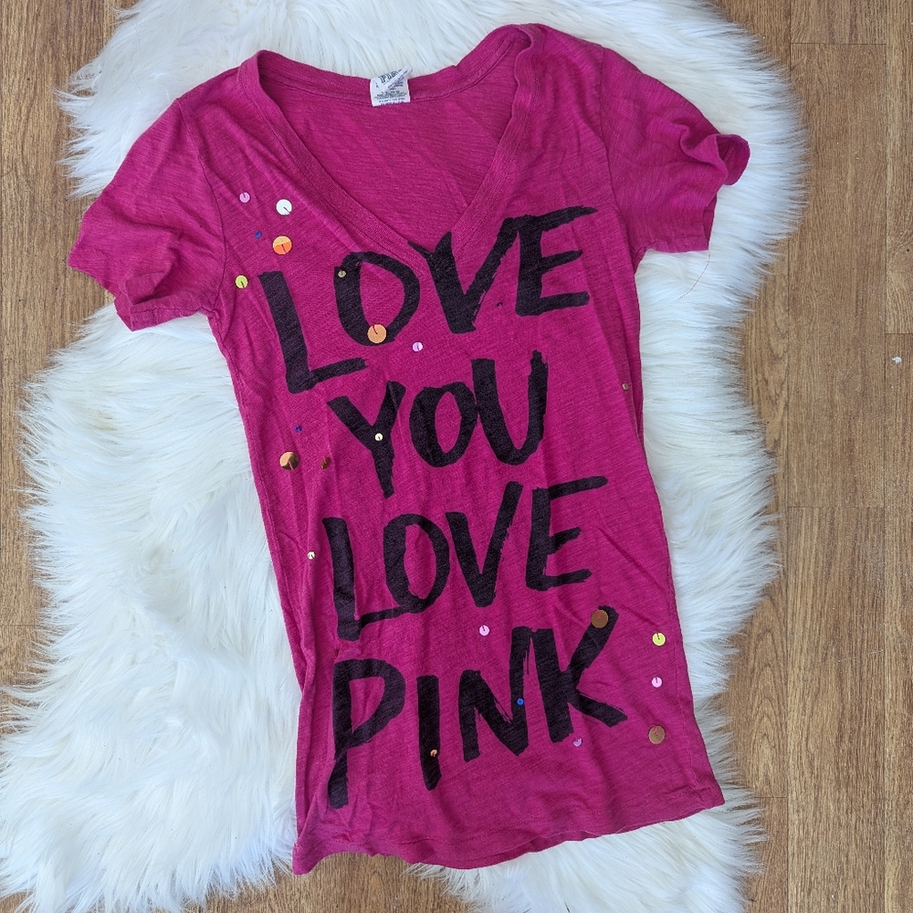 Vintage Y2K PINK Victoria's Secret Love You Love Pink Bling T-shirt